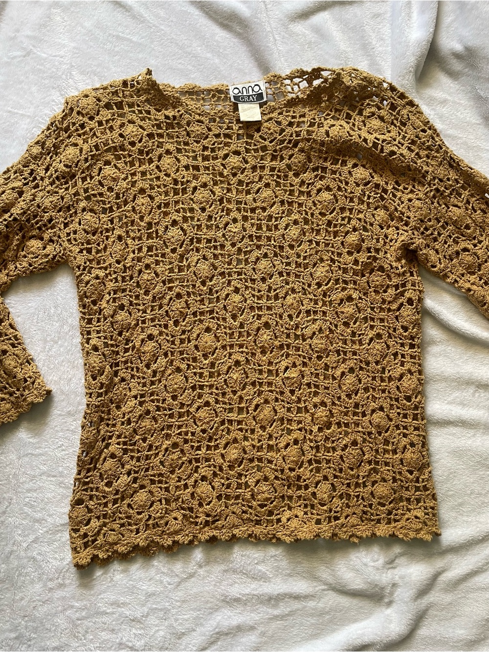 Vintage 90s Y2K Crochet Mustard Yellow Open Knit Silk Sweater Sz M Boho Earthy